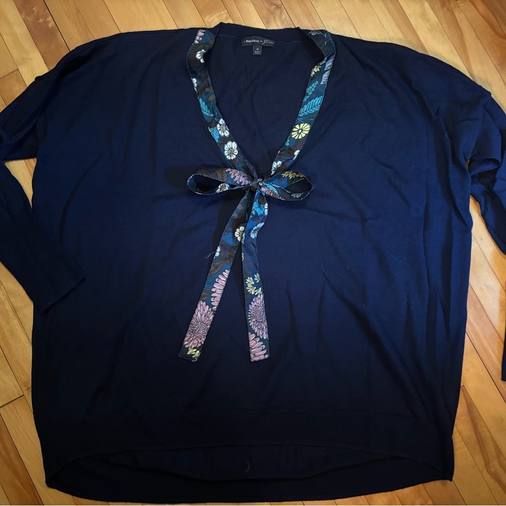 J. Crew Navy V-Neck Sweater with Floral Trim